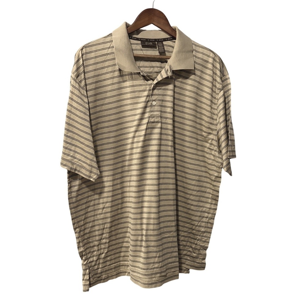 Tasso Elba 5 Iron Golf Mens Large Tan Striped Pima Cotton Polo Short Sleeve